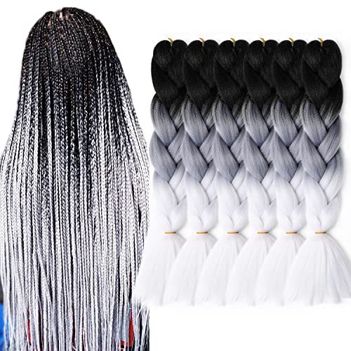 MAYSA Ombre Braiding Hair 6 Pack 24 Inch Soft High Temperature Synthetic Hair Extensions For Box Braids Hair Extensions(Black-Grey-White)