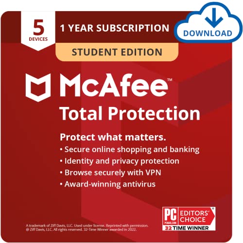 McAfee Total Protection 2022 Student Edition | 5 Device | Antivirus Internet Security Software | VPN, Password Manager, Dark Web Monitoring | PC/Mac/Android/iOS | 1 Year Subscription | Download Code - Prime Student Exclusive