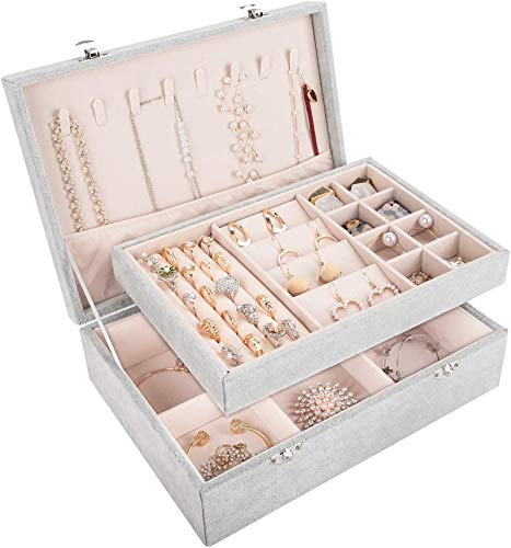 Mebbay 2 Layer Velvet Jewelry Box Organizer for Women Girl, Jewelry Box with Removable Tray for Necklace Stud Earrings Bracelets Rings (Grey), 11.2" x 7.9" x 3.1"