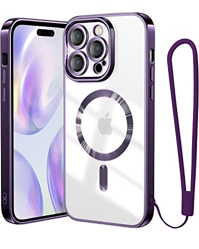 Meifigno Candy Mag Series Case for iPhone 14 Pro, [Compatible with MagSafe] [Full Camera Lens Protection] [Wrist Strap Lanyard] Clear Back Soft TPU for iPhone 14 Pro Case for Women Girls, Purple