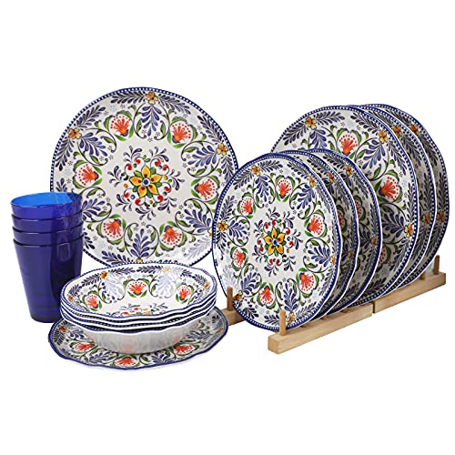 Melamine Dinnerware Set for 4-16 Pcs:Camping Dishes Set with Dinner Plates,Salad Plates,Cups and Bowls.Lightweight and Unbreakable,Indoor and Outdoor Use