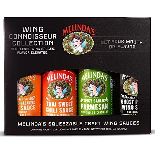 Melinda’s Wing Connoisseur Collection - Craft Wing Sauce & Condiment Set for Buffalo Wings - With Creamy Style Cayenne Habanero, Thai Sweet Chili, Spicy Garlic Parmesan & Ghost Pepper - 12 oz, 4 Pack