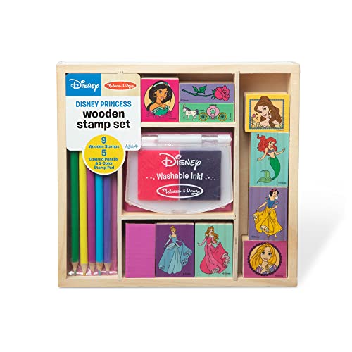 Melissa & Doug Disney Princess Wooden Stamp Set: 9 Stamps, 5 Colored Pencils, and 2-Color Stamp Pad - Disney Princess Coloring, Stamps With Washable Ink, Disney Stamps For Kids Ages 4+