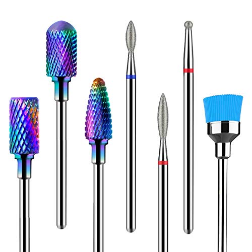 MelodySusie Nail Drill Bits Set, 7pcs Tungsten Carbide Diamond Nail Drill Bits for Acrylic Nails Poly Gel Cuticle Remove, 3/32'' Professional Nail Bits for Nail Drill Efile, Manicure Pedicure Tools