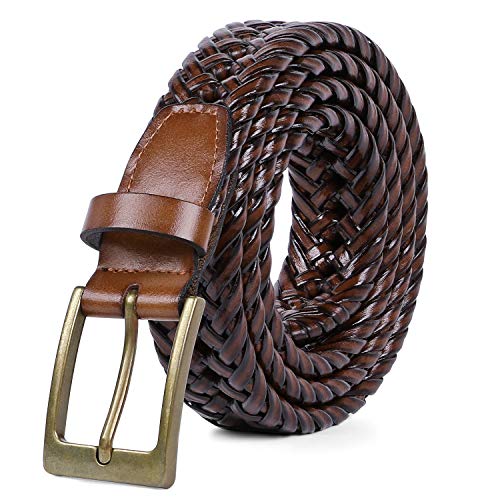 Mens Braided Leather Belt SUOSDEY Cowhide Woven Leather Belt for Casual Jeans Pants with Solid Prong Buckle,tan