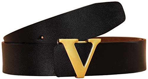 Men's Classic Gold/Silver V-Buckle Design Soft Calfskin Belt (Black Gold, 105cm/41.3inch(30-36))