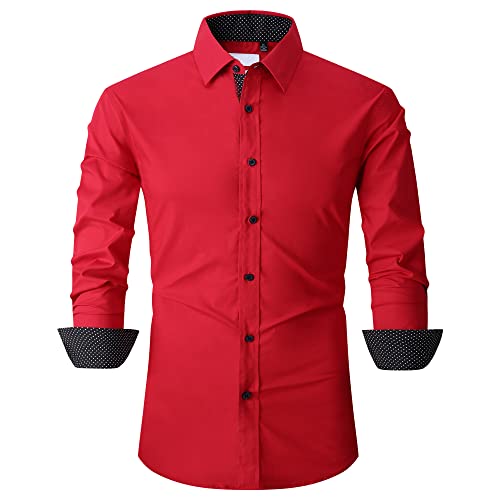 Men's Dress Shirts Long Sleeve Casual Button Down Regular Fit Business Shirts Red L