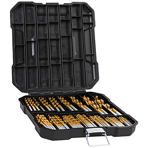 Metric 99 Pieces Titanium Twist Drill Bit Set, 135° Tip High Speed Steel, Size from 1.5mm up to 10mm, Ideal Drilling in Wood/Cast Iron/Aluminum Alloy/Plastic/Fiberglass, with Hard Storage