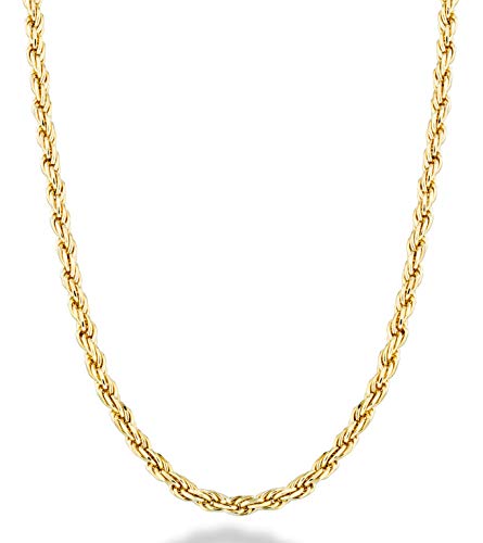 Miabella Solid 18K Gold Over Sterling Silver Italian 2mm, 3mm Diamond-Cut Braided Rope Chain Necklace for Men Women, 925 Sterling Silver Made in Italy (3mm, Length 20 Inches)