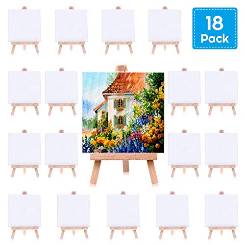 Mini Canvases 18 Pack, Cridoz Small Painting Canvas with Mini Easel 4x4 Inches Art Canvases Painting Kit for Kids Teenagers Acrylic Pouring Oil Water Color