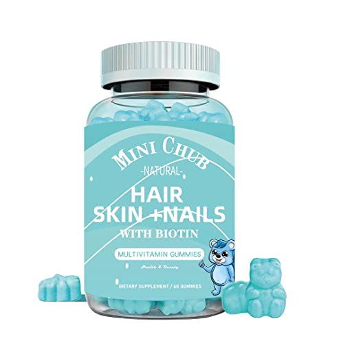 Mini CHUB Hair, Skin & Nails with Biotin and Collagen, Candy Floss-Flavored Blue Bear Gummy Vitamins Food Supplement, 5000mcg Non-GMO, Gluten Free, 1 Month Supply, 60 Count