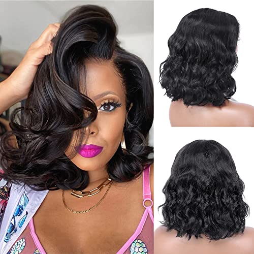 MIRONICA Bob Wig Human Hair 13x4 HD Lace Front Wigs 180% Density Glueless 12 Inch Short Wavy Wigs for Black Women Human Hair Bleached Knots with Baby Hair Pre Plucked Brazilian Body Wave Frontal Wigs