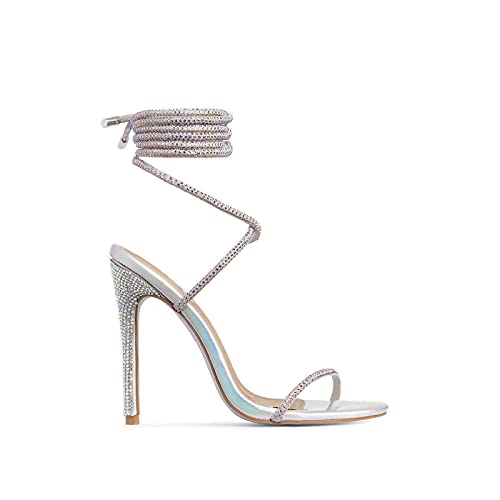 MissHeel Women Lace Up Open Toe Heels Strappy High Heels Wrap Up Sandals with Rhinestone Stiletto Gladiator High Heeled Sandles Silver Iridescent Strap Up Heels Prom Evening Shoes Size 7