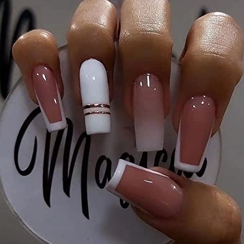 MISUD Long Coffin Press on Nails Ballerina Fake Nails Glossy Glue on Nails White French Tip Acrylic Nails Pink Gradient False Nails with Design 24 pcs