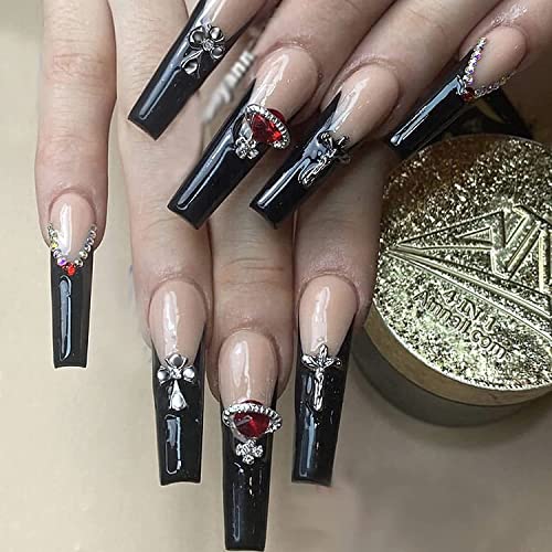 MISUD Press on Nails Long Coffin Fake Nails with Punk Designs Black French Tip Ballerina Acrylic Nails Glossy Glue on Nails 24 pcs Rhinestone False Nails