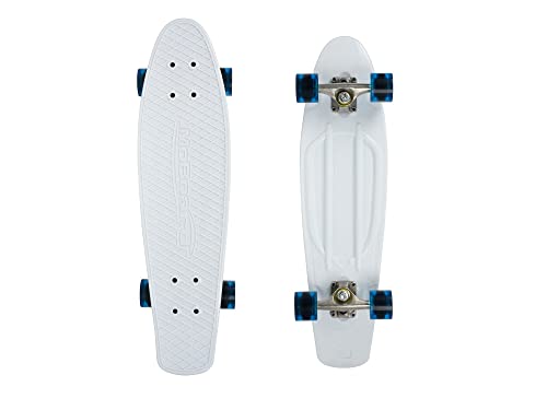 MoBoard Classic 27" Skateboard | Pro and Beginner | 27 inch Vintage Style with Interchangeable Wheels, Enhanced Bearings | Portable, Lightweight | Durable Rails, Metal Truck. (White - Clear Blue)