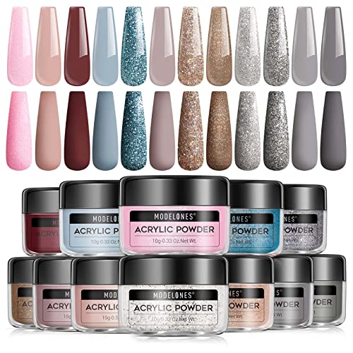 Modelones 12 Colors Acrylic Powder, Nude Brown Glitter Acrylic Nail Powder, Blue Pink Professional Nail Acrylic Powder, Glitter Acrylic Powder for 3D Nail Art French Nail, Gift for Women