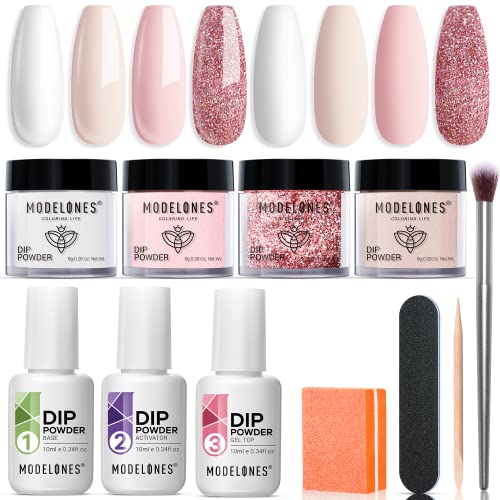 Modelones Dip Powder Nail Kit Starter, 4 Colors Nude Pink Glitter Snow White Neutral Skin Dipping Powder Essential Liquid Set with Base Top Coat Activator French Nail Art Manicure DIY Salon All-in-One Beginner Extension Kit