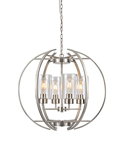 Modern Brushed Nickel Chandeliers Dining Room Lighting fixtures 24" Globe Ceiling Hanging Pendant Lighting Clear Glass Shades for Foyer Bedroom Kitchen Living