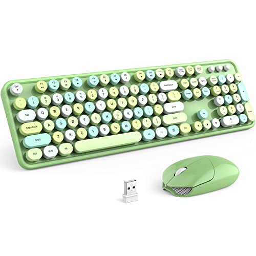 MOFII Wireless Keyboard and Mouse Combo, 2.4GHz Wireless Retro Full Size Typewriter Keyboard with Number Pad & Wireless Mouse for Laptop, PC, Desktop, Mac, Windows - Green Colorful