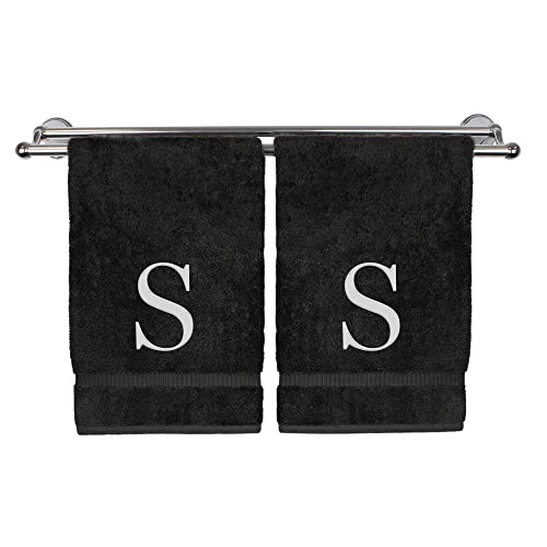 Monogrammed Hand Towel, Personalized Gift, Set of 2- White Block Letter Embroidered Towel - Extra Absorbent 100% Turkish Cotton - Soft Terry Finish - Initial S Black