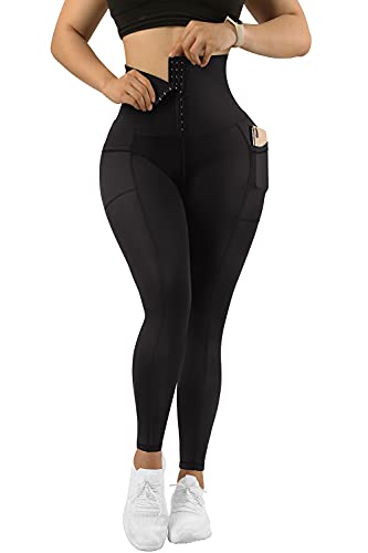 MOOSLOVER Women Corset High Waisted Leggings with Pockets Tummy Control Body Shaper Yoga Pants(L,Black)