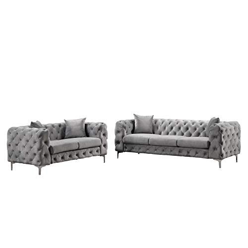 Morden Fort Modern Contemporary 2 Piece of Loveseat and Sofa Set with Deep Button Tufting Dutch Velvet, Solid Wood Frame and Iron Legs-Silver Grey