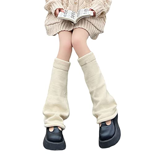 MOREELUCK Women Cute Knitted Leg Warmers Girls 80s Harajuku Punk Knee High Leg Socks Preppy Ribbed Knit Stockings Gothic Clothes (A Beige , One Size )