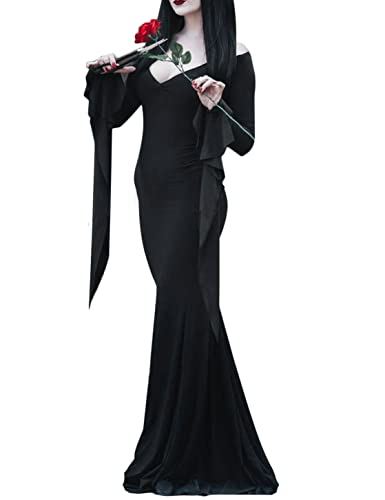 Morticia Addams Costume Dress for Women Halloween Costumes Cosplay Long Sleeve Family Pugsley Dresses with Rose MA023L