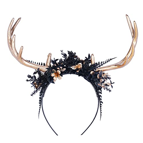 MOSTORY Handmade Gold Fairy Antler Headband Medieval Black Leaf Crown for Renaissance Reindeer Horns Hair Accessory for Adults Cosplay Halloween Wedding Maternity Carnival Party Golden Black