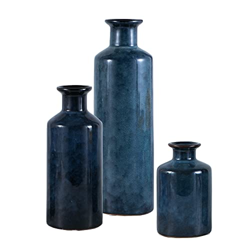 Mowtanco Ceramic Vases Set, Blue Glazed Vases for Flowers, Modern Home Decor, Rustic Farmhouse Decor - 3 Small Vase, Decorative Vase, Terracotta Vase