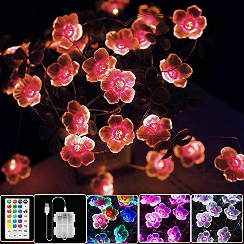 Multicolor Flower Lights Cherry Blossom String Lights Battery Operated & USB Powered, 13ft 40 LED Fairy Lights with Remote Control Timer Decorative Lights for Nursery Girls Bedroom Dorm Wedding Decor