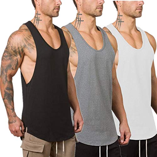 Muscle Killer 3-Pack Men's Muscle Gym Workout Stringer Tank Tops Bodybuilding Fitness T-Shirts (Large, Black+Gray+White)