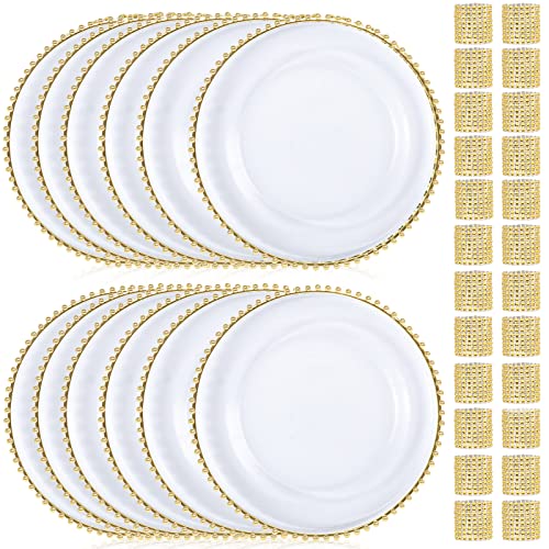 mwellewm Charger Plates Set of 12 and 24 Pack Napkin Rings, Acrylic Gold Beaded Clear 13 Inch Chargers for Dinner Serving Plates Decor Wedding, Party, Decoration