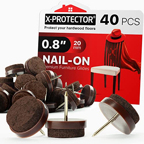 Nail-on Felt Pads X-PROTECTOR 40 PCS - 0.8" Felt Furniture Pads - Brown Chair Leg Floor Protectors - Nail in Furniture Pads for Furniture Legs - The Best Felt Chair Pads for Hardwood Floors (20mm)!