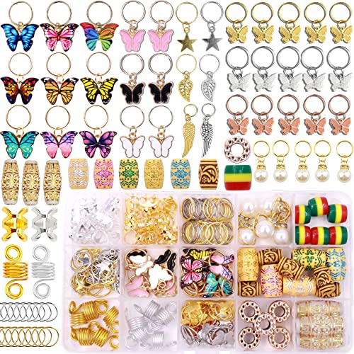 NAISKA 151Pcs Gold Butterfly Braid Clips Dreadlocks Accessories Handmade Colorul Butterflies Beads Hair Coils Jewelry Charms Pendant Loc Jewelry for Women Braids Spring Crystal Pearls Hair Cuffs for Braids Rings Braid Decoration