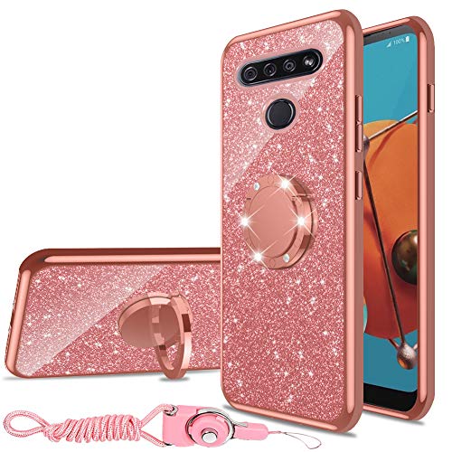 nancheng for LG K51 Case, for LG Q51 Case Glitter Luxury Sparkles Cute TPU Slim Case for Women Girls with Kickstand, Bling Diamond Rhinestone Ring Stand & Strap Case for LG K51/Q51-Rose Gold