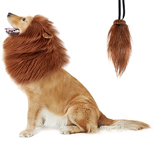 NEWBEA Lion Mane for Dog Costume, Realistic Funny Lion Wig for Medium to Large Sized Dogs, Halloween Fancy Dog Lion Mane (Dark Brown with Ear Tail)