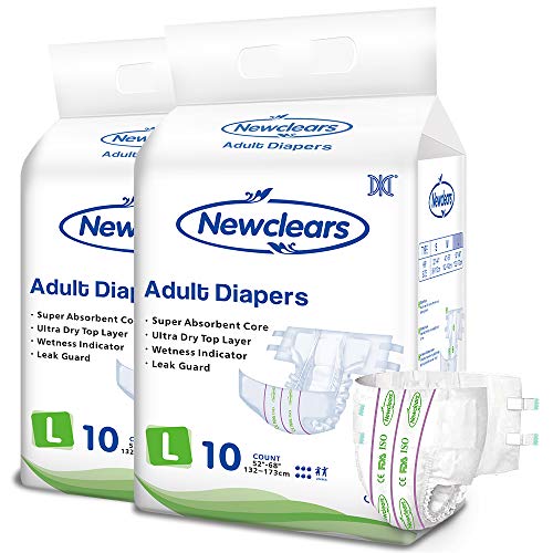 Newclears Adult Diapers with Tabs for Men Women Incontinence Care, Disposable Absorbent for Disability Postnatal Patient Bedridden Care, 10 Count/Pack, 2 Pack, L