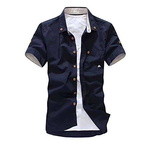 NGTEVOOS Mens Teens Button Down Shirts Casual Solid Regular fit Dress Shirts Collar Short Sleeve Tee Shirts with Front Pocket Navy