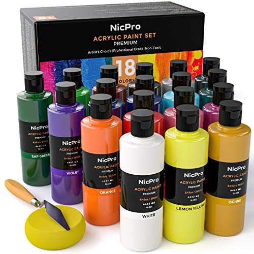 Nicpro 18 Colors Large Acrylic Paint Set, 8.45 fl oz./ 250 ml Artist Painting Supplies Bulk Non-Toxic For Multi Surface Canvas, Wood, Fabric, Leather, Cardboard, Paper, Crafts, Hobby with Color Wheel