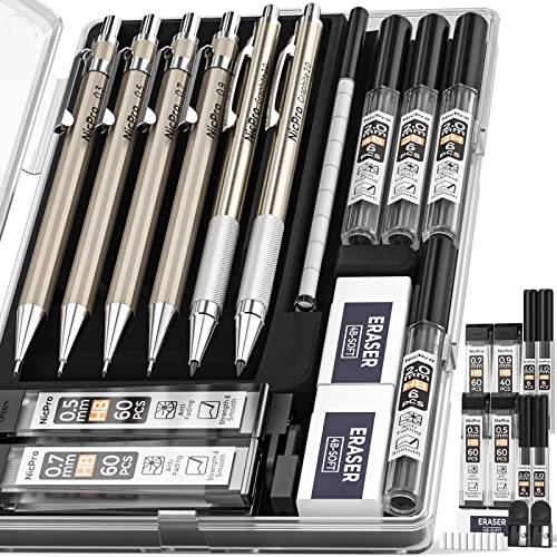 Nicpro 6 PCS Art Mechanical Pencils Set, Metal Artist Drafting Pencil 0.3 & 0.5 & 0.7 & 0.9 mm & 2 PCS 2mm Graphite Lead Holder(4B 2B HB 2H) For Writing Sketching Drawing With Lead Refills Eraser Case