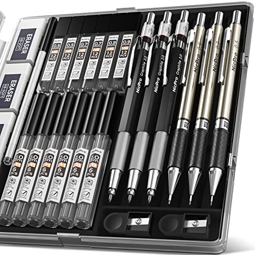 Nicpro 6PCS Art Mechanical Pencils Set, 3 PCS Metal Drafting Pencil 0.5 mm & 0.7 mm & 0.9 mm & 3 PCS 2mm Graphite Lead Holder (2B HB 2H) For Writing, Sketching Drawing With 12 Tube Lead Refills Case