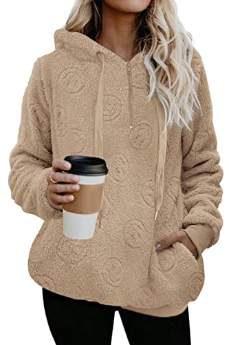 Nirovien Women's Fuzzy Hoodie Sherpa Pullover Fleece Hoodies for Women Smile Face Sweatshirt (Khaki Smile,3XL)