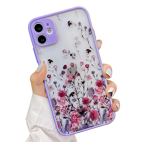 NITITOP Compatible for iPhone 11 Case Cute Hand Painted Flower Aesthetic Floral Pattern for Women Girl Clear Frosted Hard PC Back Protective Bumper Silicone Shockproof for iPhone 11 - Purple