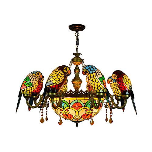 NIUYAO Chandelier Stained Glass in Tiffany Lamp Style Hanging Lamp Dome Shade Suspension 8 Parrot Classic Vintage Design Indoor Decoration Multicolor