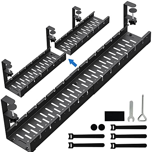 No Drilling Extendable Under Desk Cable Management, Metal Cable Management Tray Under Desk with Clamp, Retractable Power Strip Cord Holder for Wire Management 31Inch