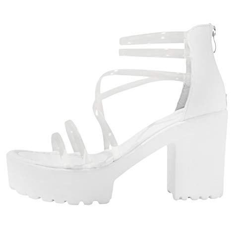 NOLDARES Sandal for Women Summer Casual Open Toe Chunky Heels Wedge Sandals Zipper Platform Clear Sandals, White, 9