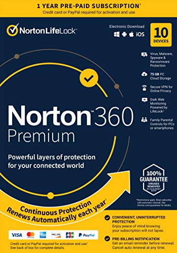 Norton 360 Premium 2023, Antivirus software for 10 Devices with Auto Renewal - Includes VPN, PC Cloud Backup & Dark Web Monitoring [Key card]