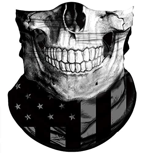 Obacle Skull Face Mask Sun UV Dust Wind Protection Tube Mask Seamless Bandana Skeleton Face Mask for Men Women Bike Riding Motorcycle Cycling Biker Outdoor Festival (Black Gray Skull White Face Flag)